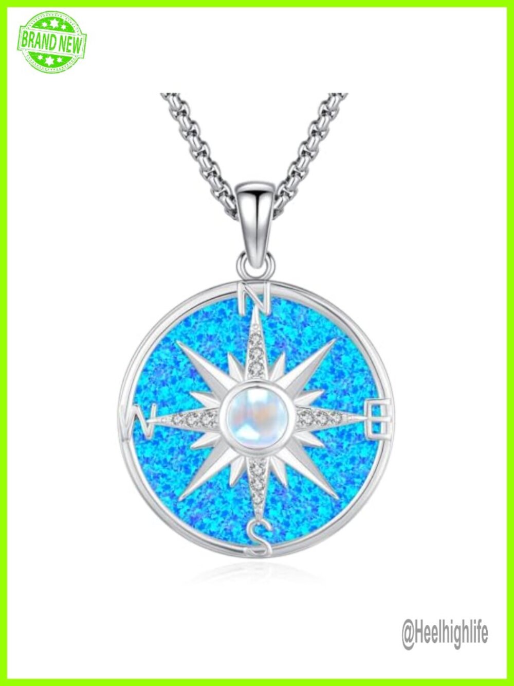 925 Sterling Silver Compass Pendant Necklace 20-22" Opal Moonstone